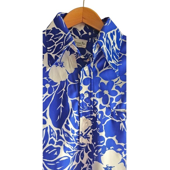 VTG Hawaii Nei Honolulu Hawaiian Floral Camp Blue White Shirt 60s 70s Appx Large - Picture 3 of 8